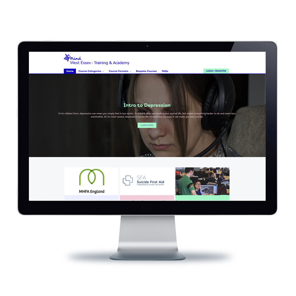 Image of computer monitor with Mind in West Essex Training Academy page displayed