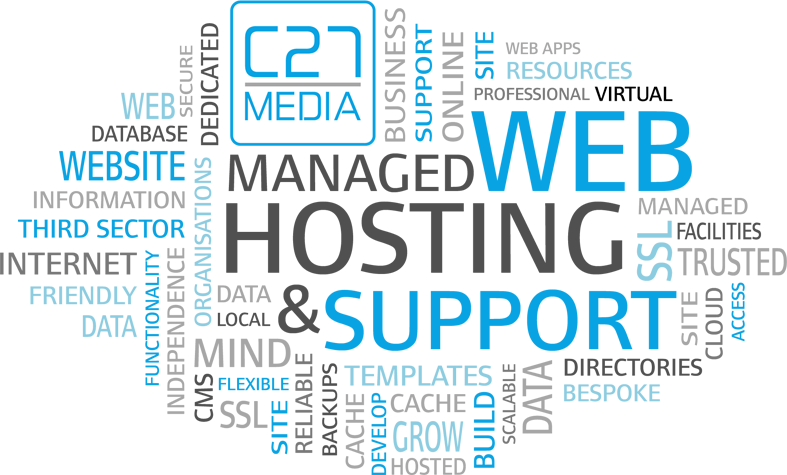 Word cloud containing C27 Media hosting and support services
