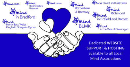 Image of hands holding a heart surounded by many local Mind logos