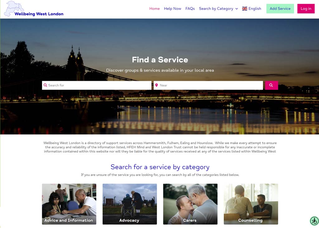 Image of home page for Wellbeing West London support directory